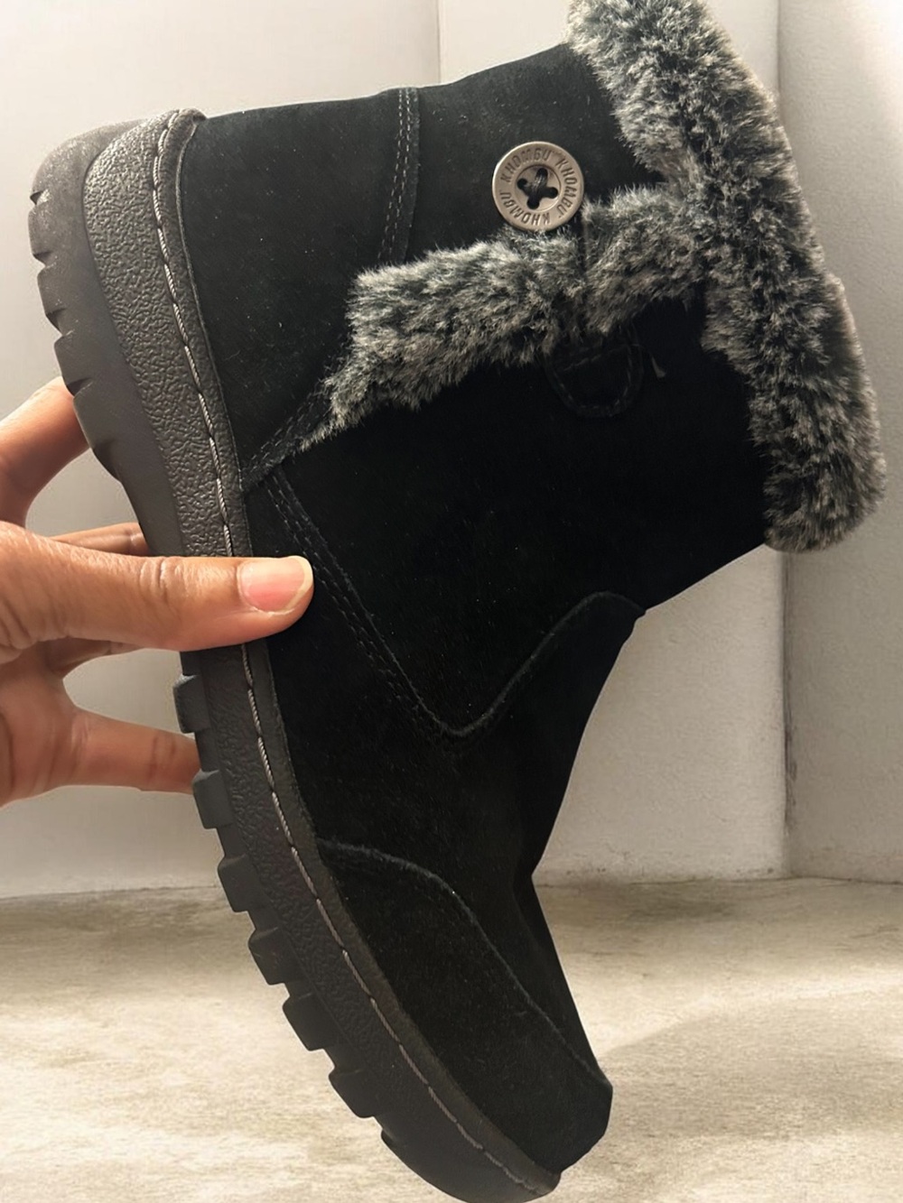 Khombu Black Suede Faux-Fur Trim Ankle Boot perfect for fall winter season